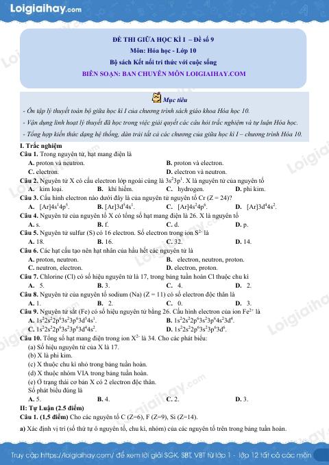 Đề thi giữa kì 1 Hóa 10 Kết nối tri thức - Đề số 9